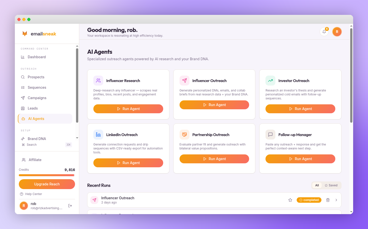 AI Agents grid with six specialized outreach agents