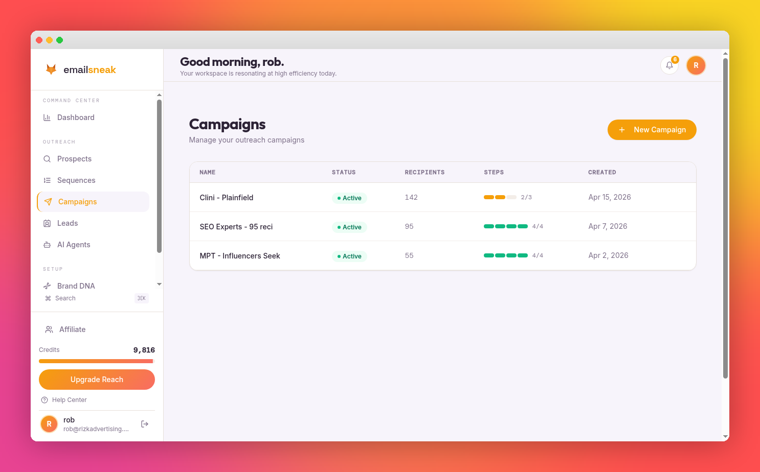 Campaigns list with active status, recipient count, and step progress