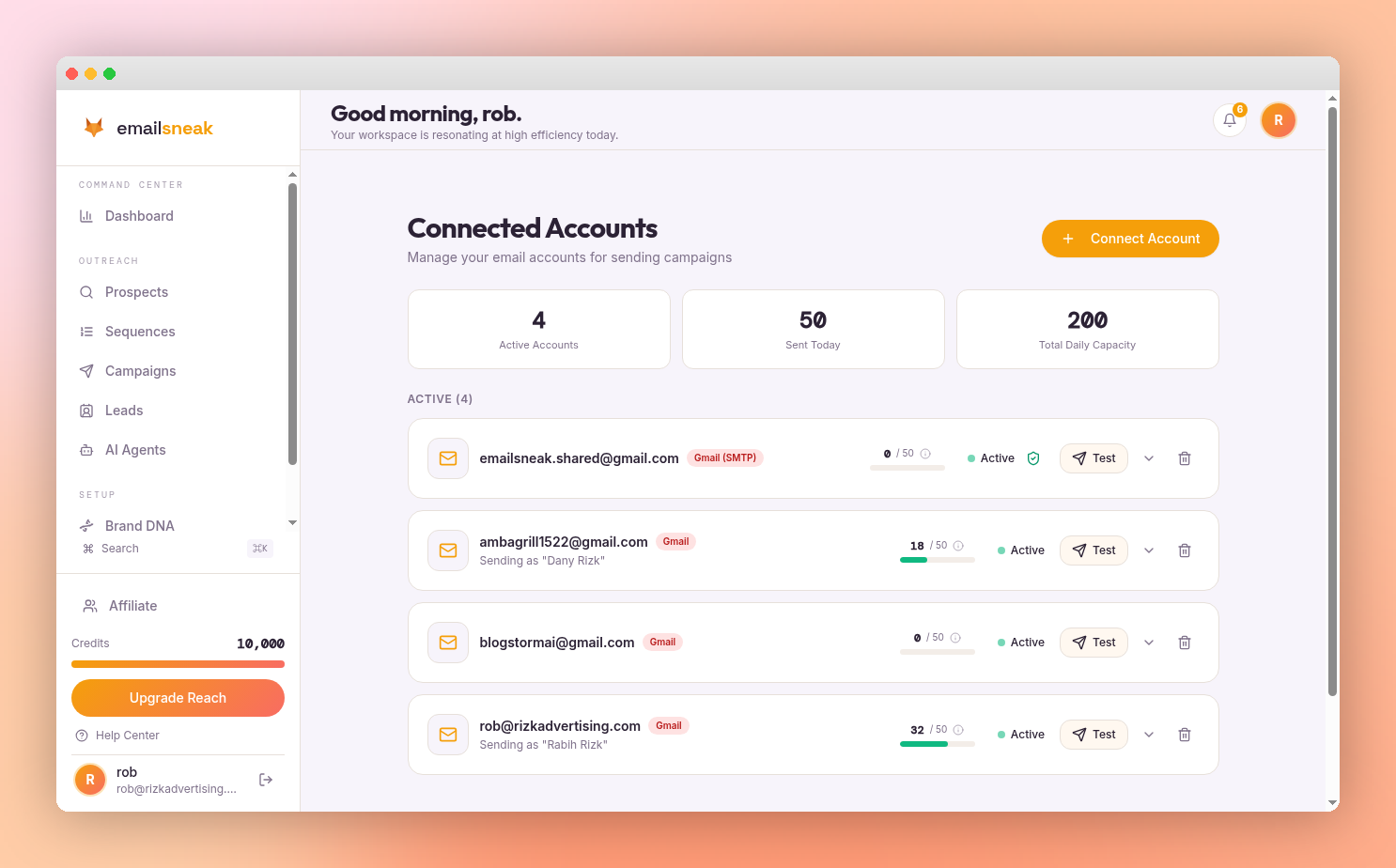Connected Accounts page showing Gmail and SMTP inboxes with health status