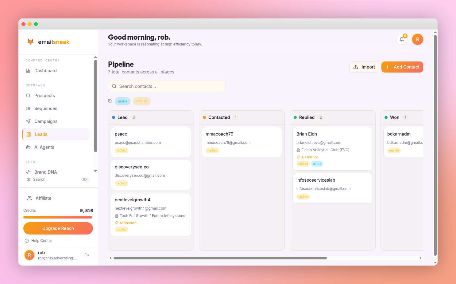 Contacts pipeline showing Lead, Contacted, Replied, and Won columns