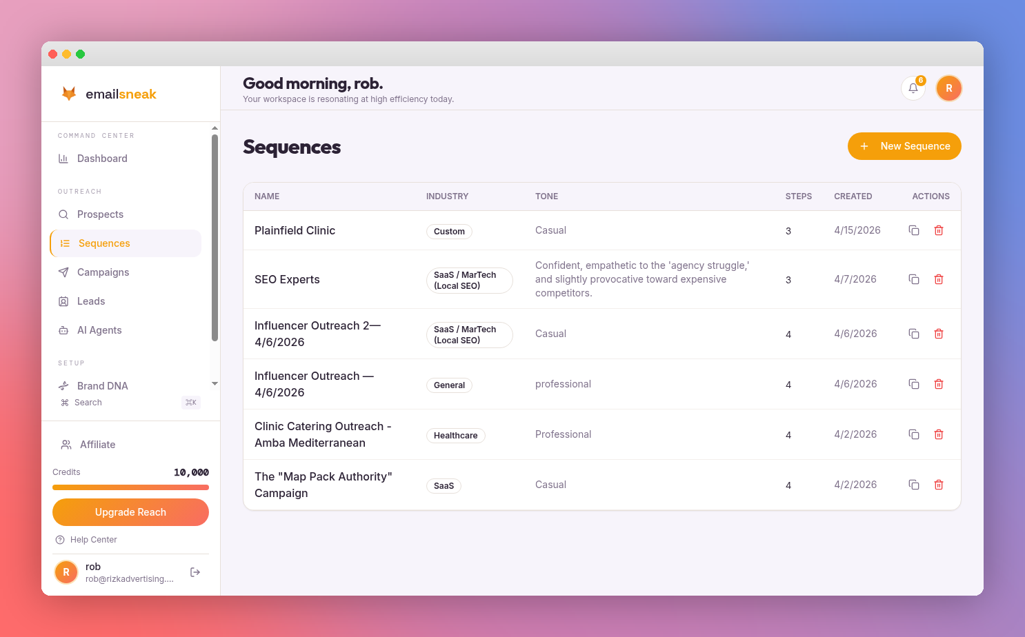 Sequences list with industry, tone, and step count